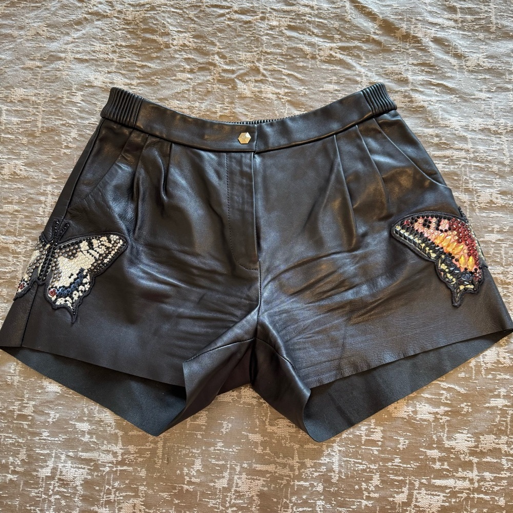 PHILIP PLEIN Black Leather Shorts with Butterfly Embroidery, Size S, Authentic